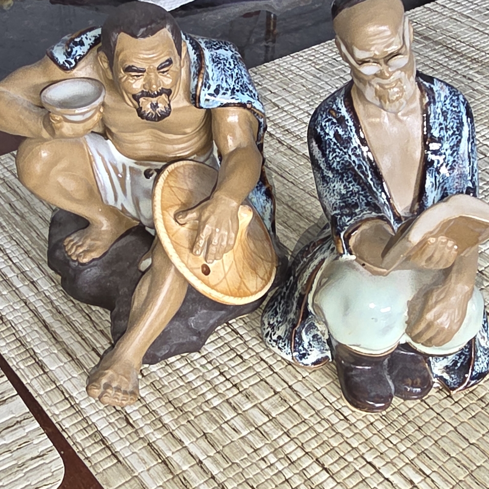 Handcrafted Ceramic Sculpture Set with Blue and Brown Accents